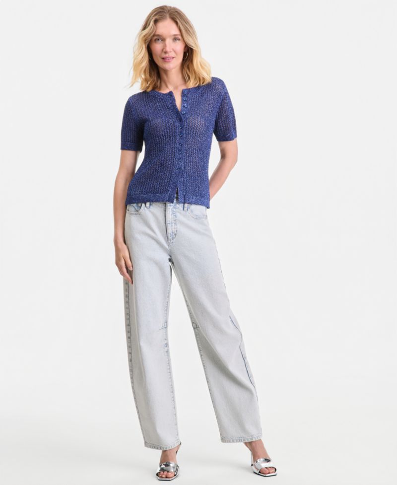 Women's Short-Sleeve Metallic Crochet Cardigan