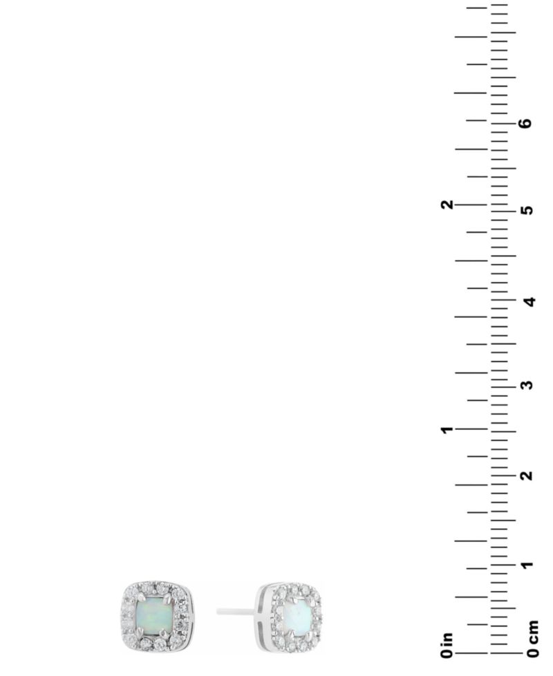 Simulated Opal & Pav&eacute; Halo Square Stud Earrings in Sterling Silver