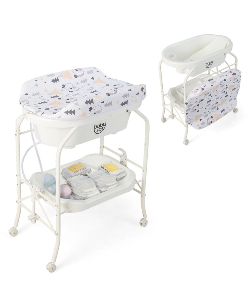 Baby Changing Table with Bathtub, Folding Diaper Station with Wheels