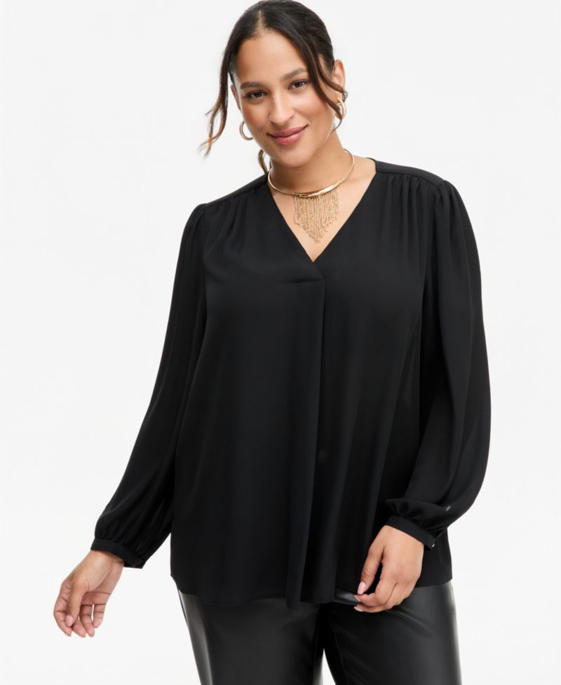 I.N.C. Plus Size Long-Sleeve V-Neck Pleated Blouse