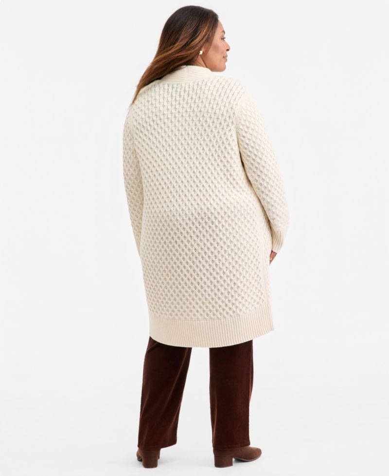 Petite Honeycomb-Knit Open-Front Long Cardigan
