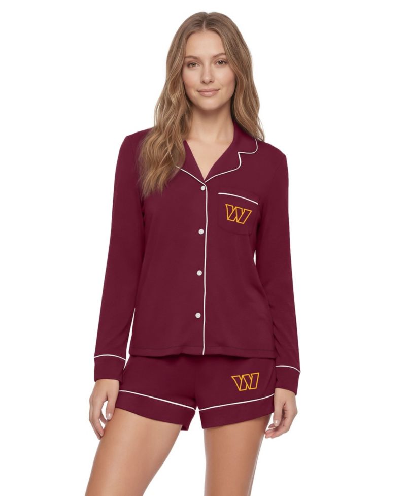 Women's Burgundy Washington Commanders Medley Long Sleeve Button-Up and Shorts Sleep Set