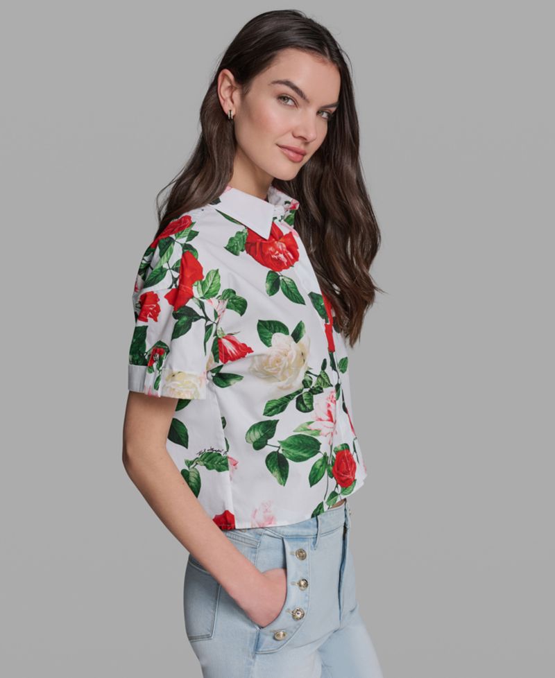 Petite Printed Poplin Collared Camp Top