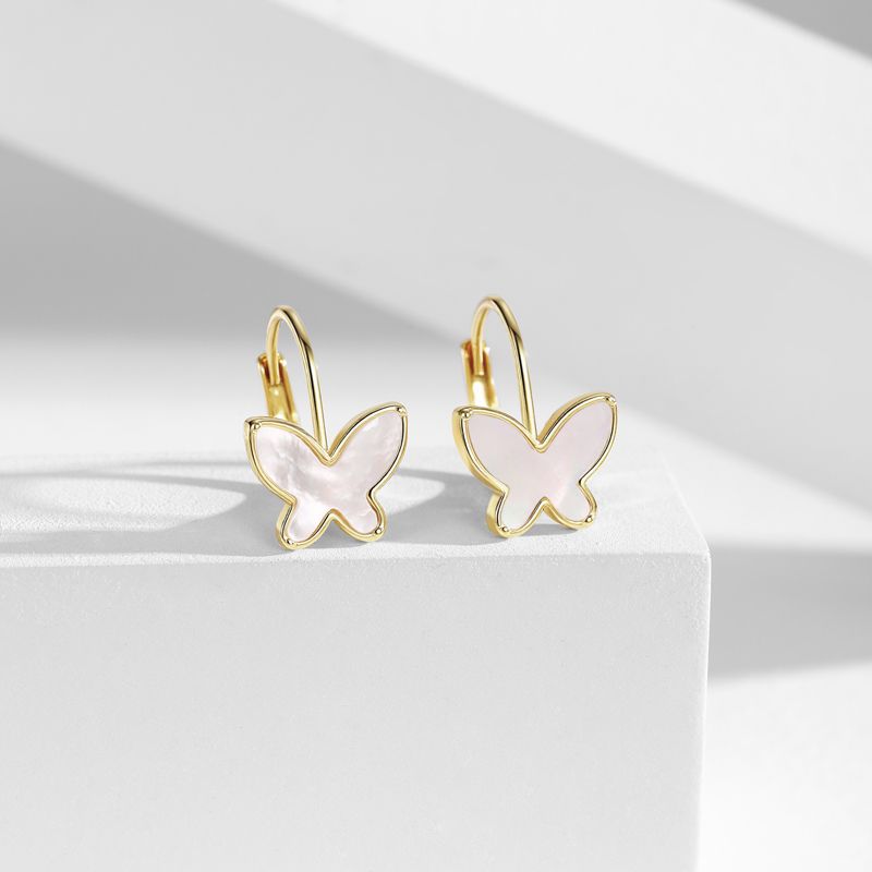 Dainty 14K Gold Plated Mother of Pearl Butterfly Dangle Drop Earrings
