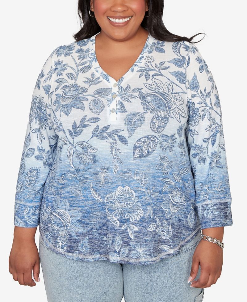Plus Size Out of the Blue Ombre Batik Floral Henley Top