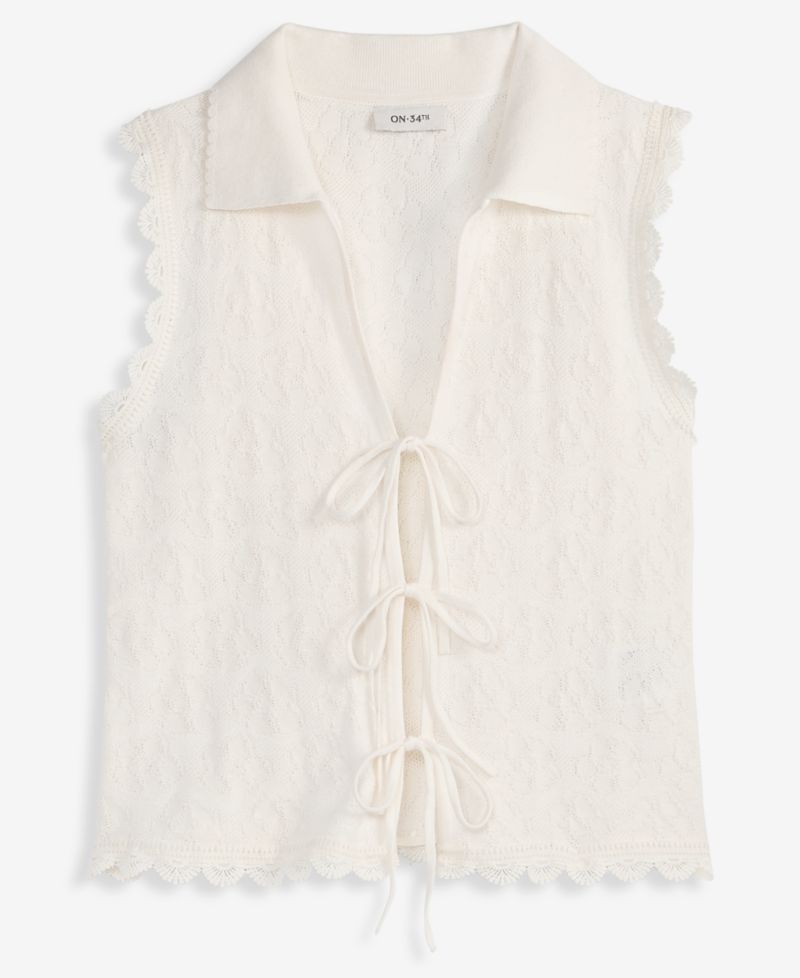 Women's Tie-Front Sleeveless Crochet Sweater