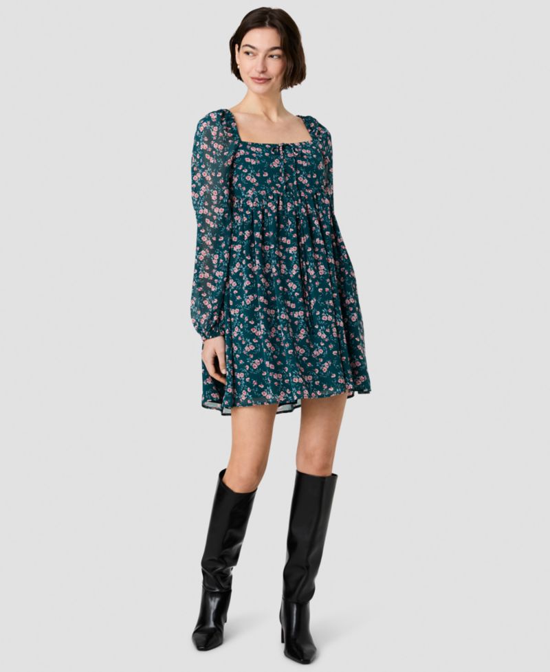Women's Square Neck Fitted Bodice Flare Mini Dress