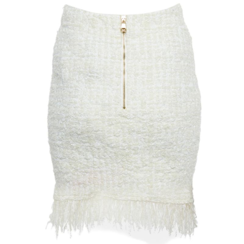 Women's White Tweed Button Detail Pencil Skirt