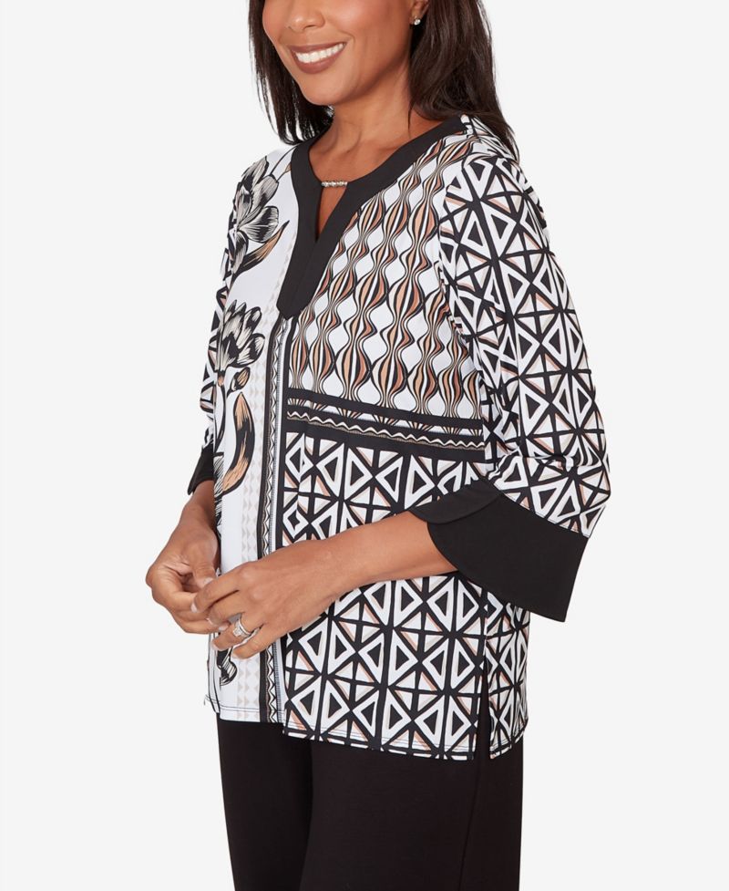 Petite Classic Floral Geo Patchwork Split Neck Top