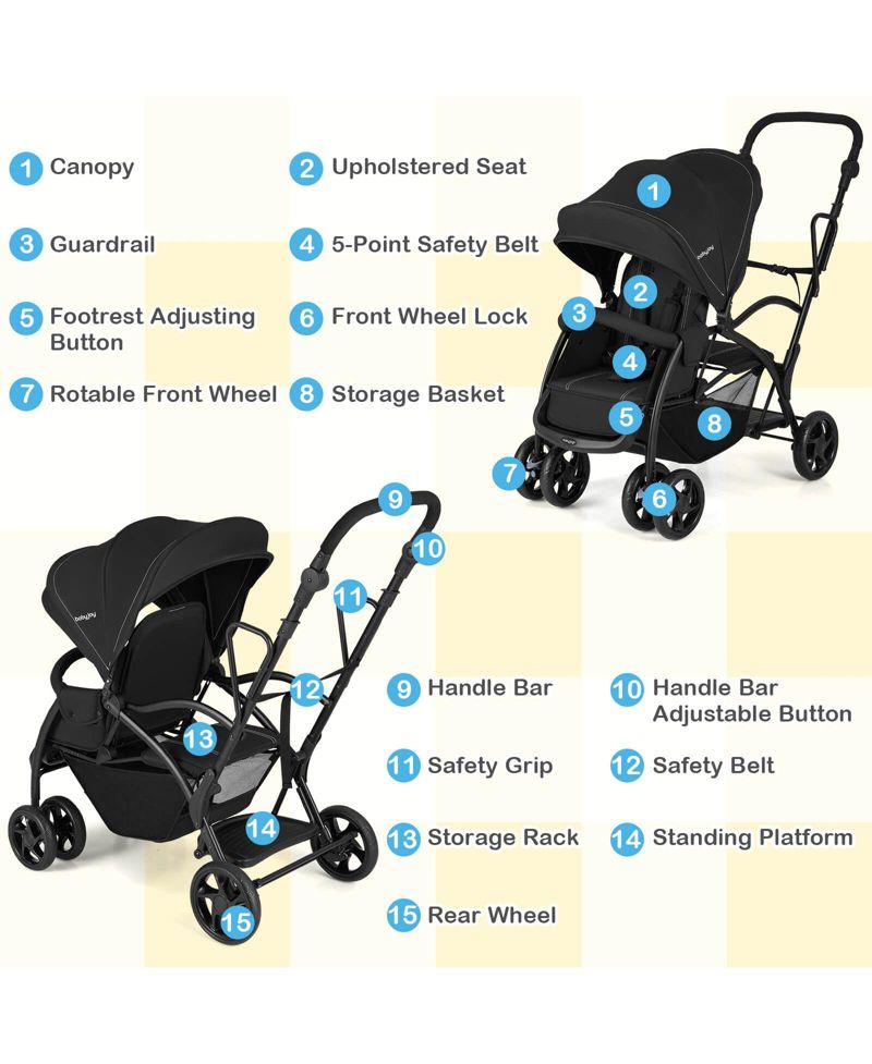 Sit and Stand Double Stroller with Adjustable Handle Bar Backrests Footrest Canopies