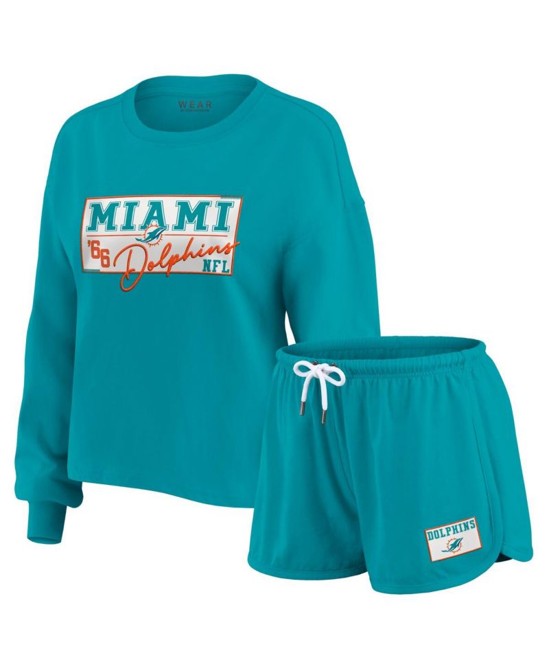 Women's 2-Piece Aqua Miami Dolphins Heavy Rugby Jersey Long Sleeve T-Shirt and Shorts Lounge Set