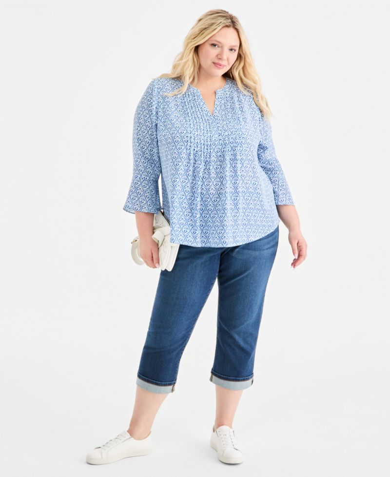 Plus Size Printed Pintuck Bell-Sleeve Top