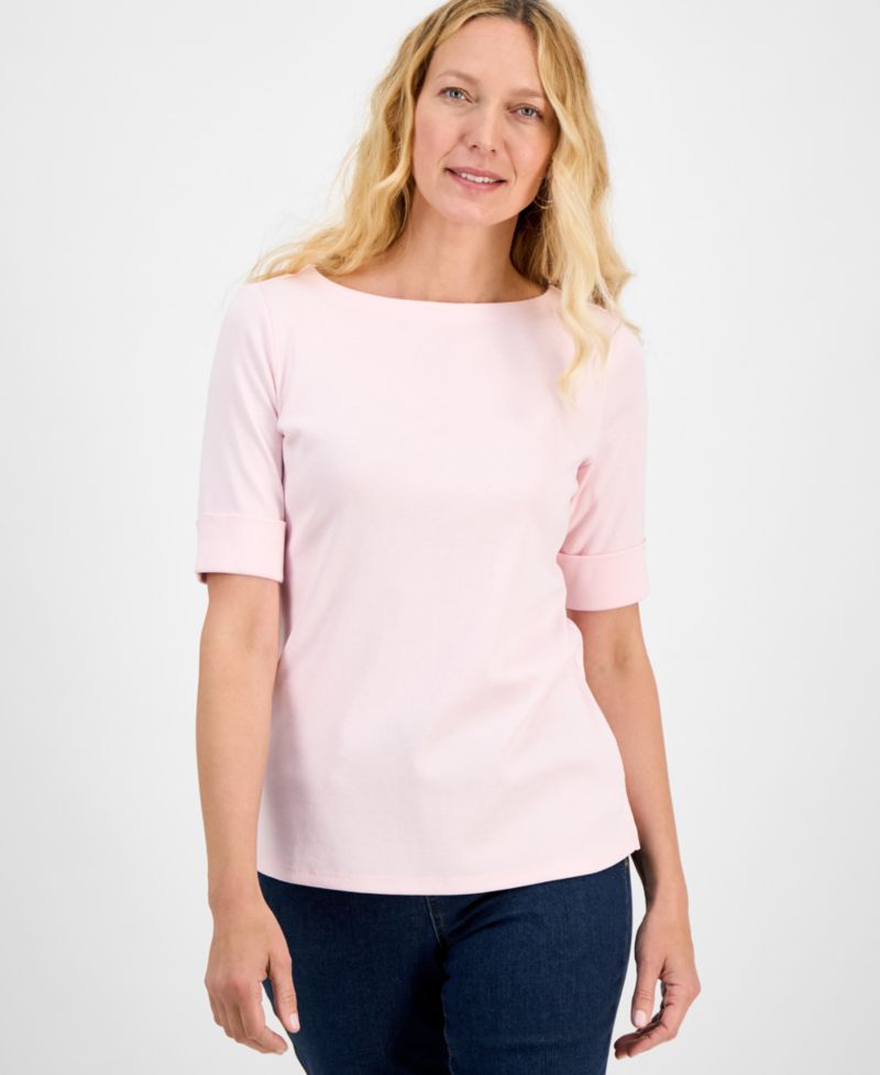 Petite Cotton Elbow-Sleeve Boat-Neck Top