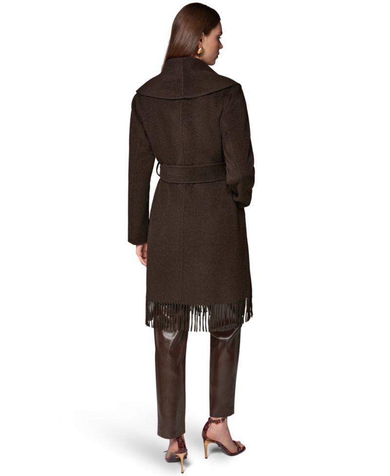 Women's Belted Fringe Wool-Blend Shawl-Collar Mid-Length Coat