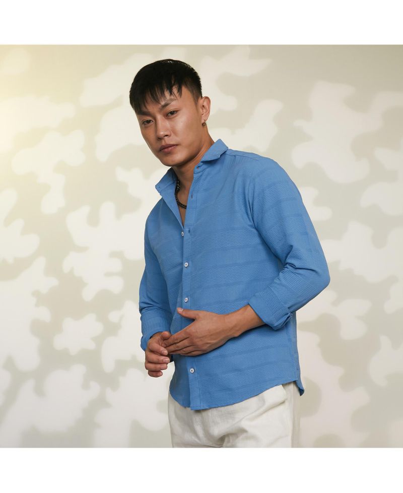 Men's Sky Blue Chevron-Textured Shirt