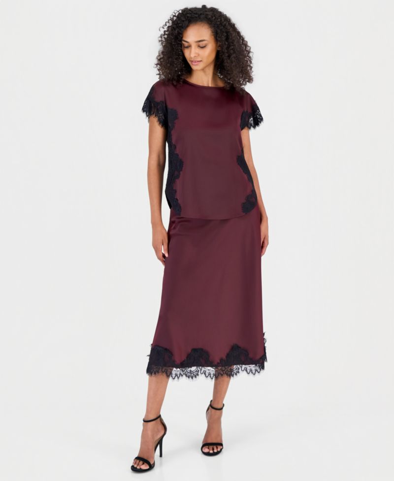 Women's Lace-Trim Midi Satin Skirt