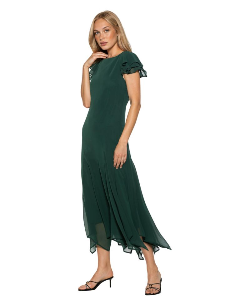 Women's Kaelith Ruffle-Sleeve Asymmetrical-Hem Midi Chiffon Dress