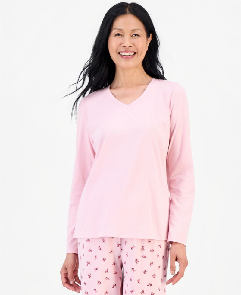 Women's Cotton-Blend Long Sleeve V-Neck Pajama Pant Set