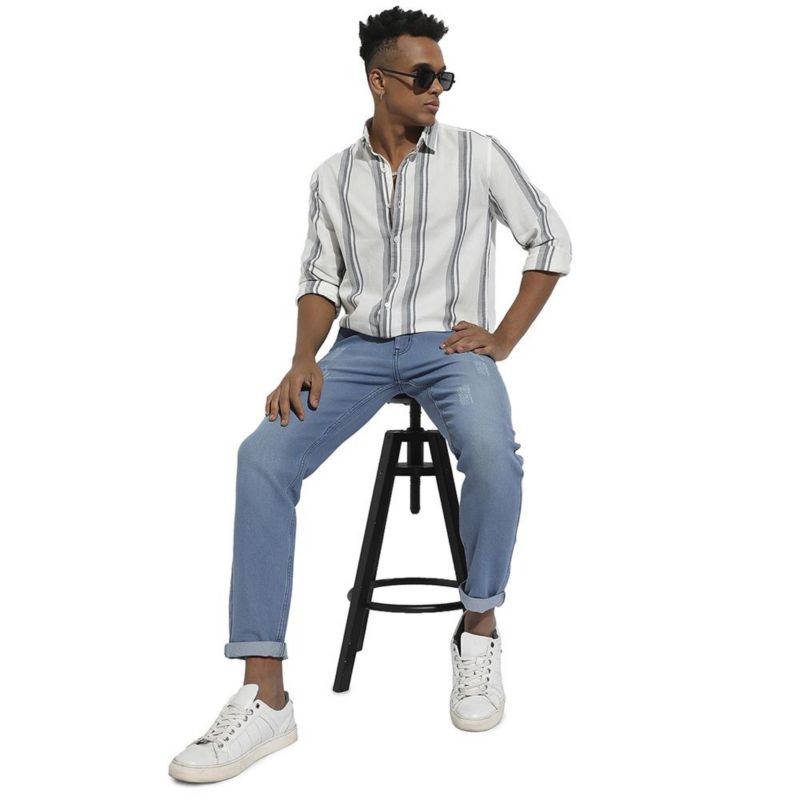 Men's White & Dark Grey Barcode Striped Shirt