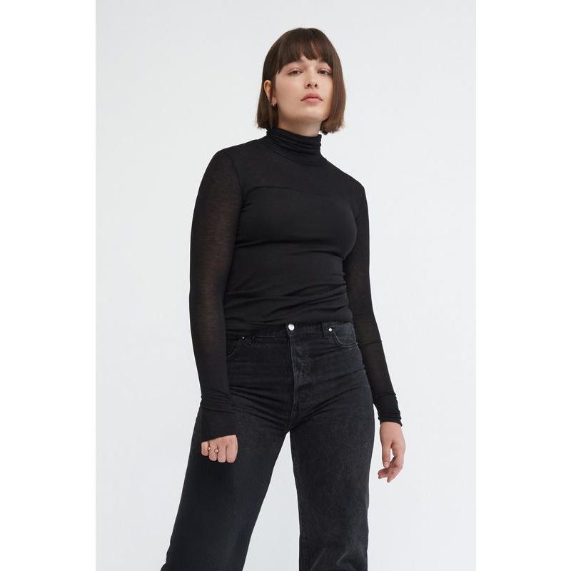 Women's Cara Fitted Turtleneck Top with Sheer Jersey Sleeves