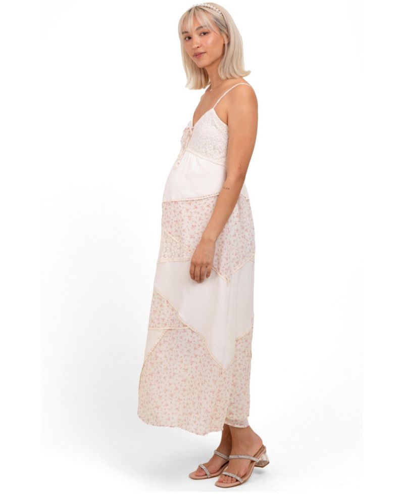 Women's Cream Floral Sweetheart Neck Midi Dress