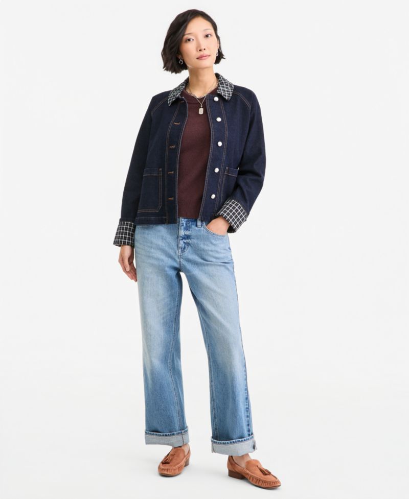 Women's Denim Plaid Cuff Jacket