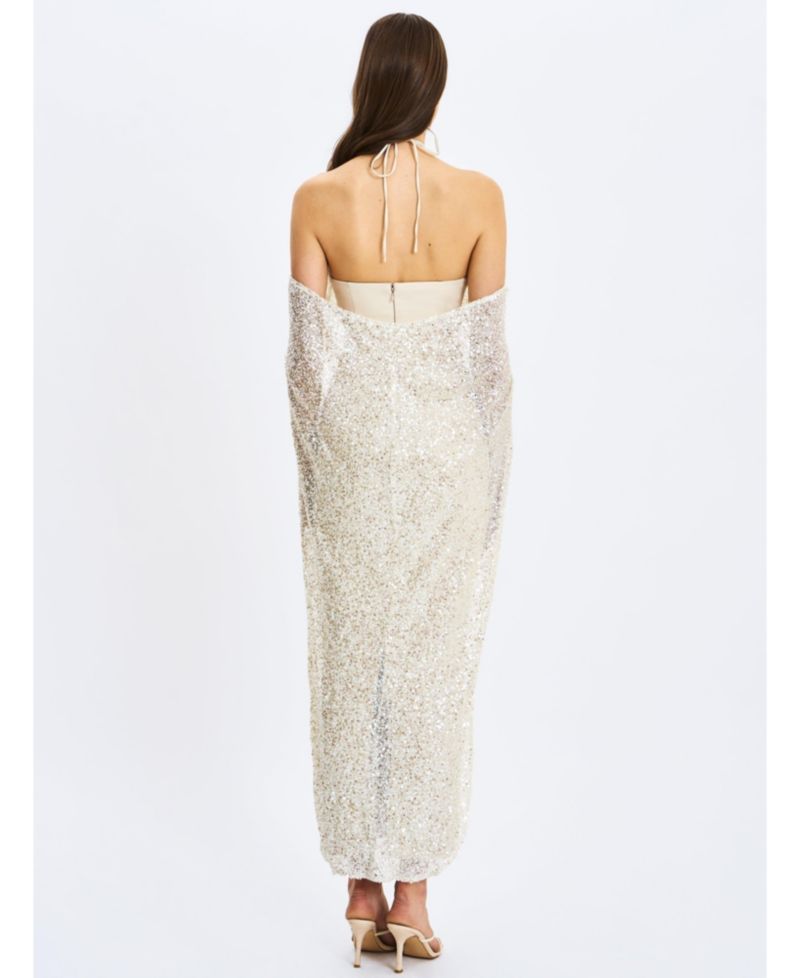 Women's Quimera Almond Beaded Cape Halter Off-Shoulder Maxi Gown