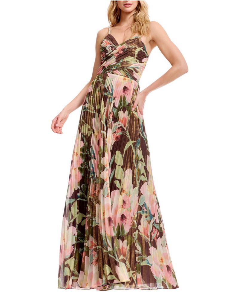 Women's Floral Pleated V-Neck Gown