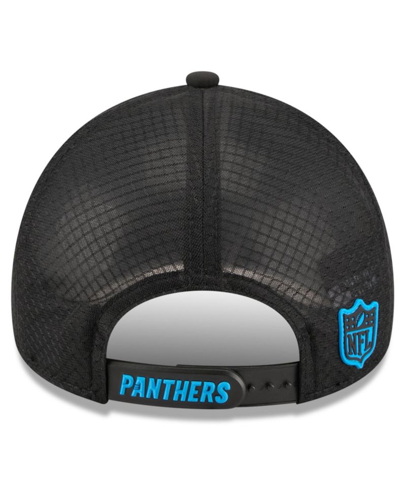 Men's Black Carolina Panthers 2026 Sideline Apex 9FORTY Adjustable Trucker Hat