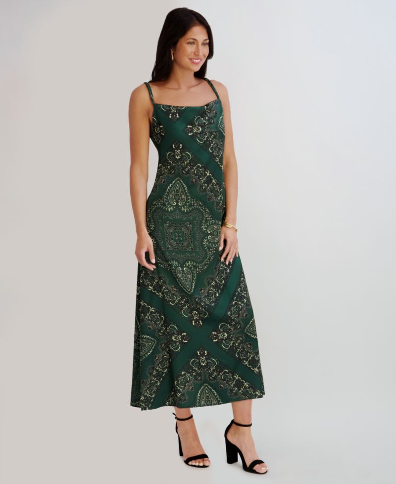 Women's Printed Cowl Neck Satin Midi Dress