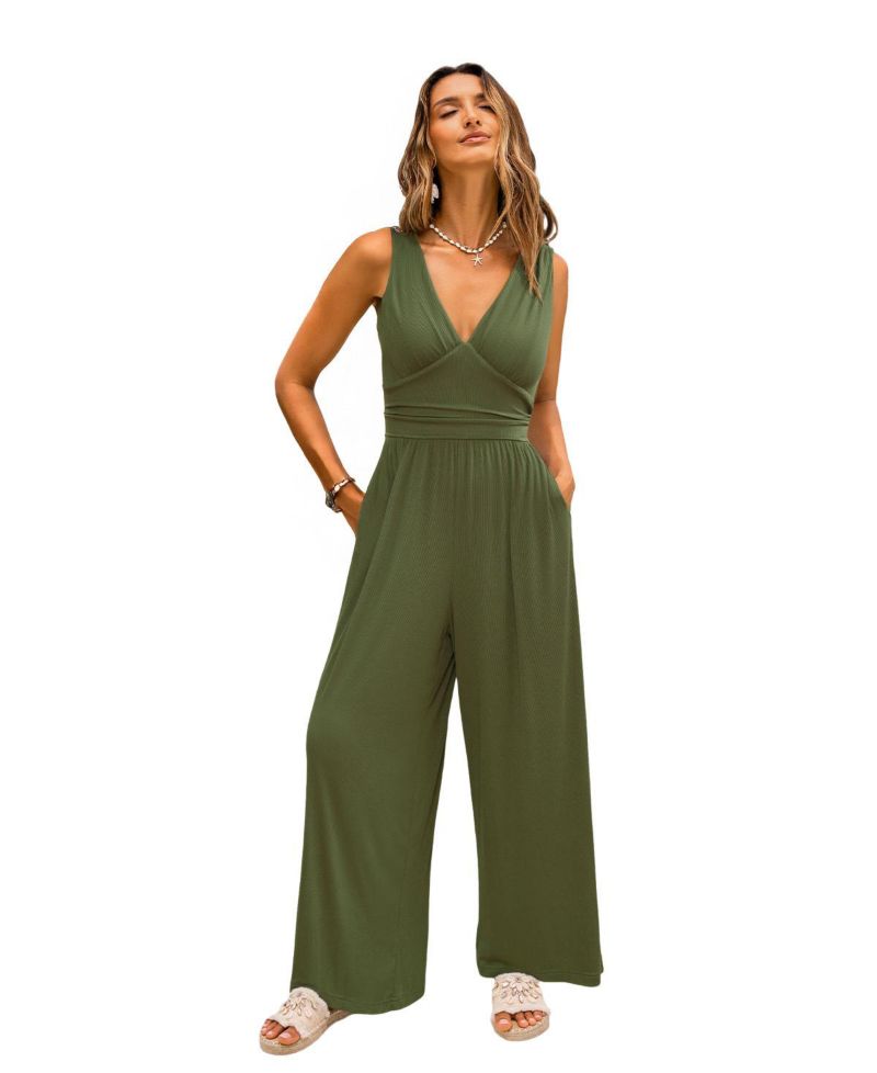 Women's Surplice V-Neck Sleeveless Ribbed Knit Wide Leg Jumpsuit