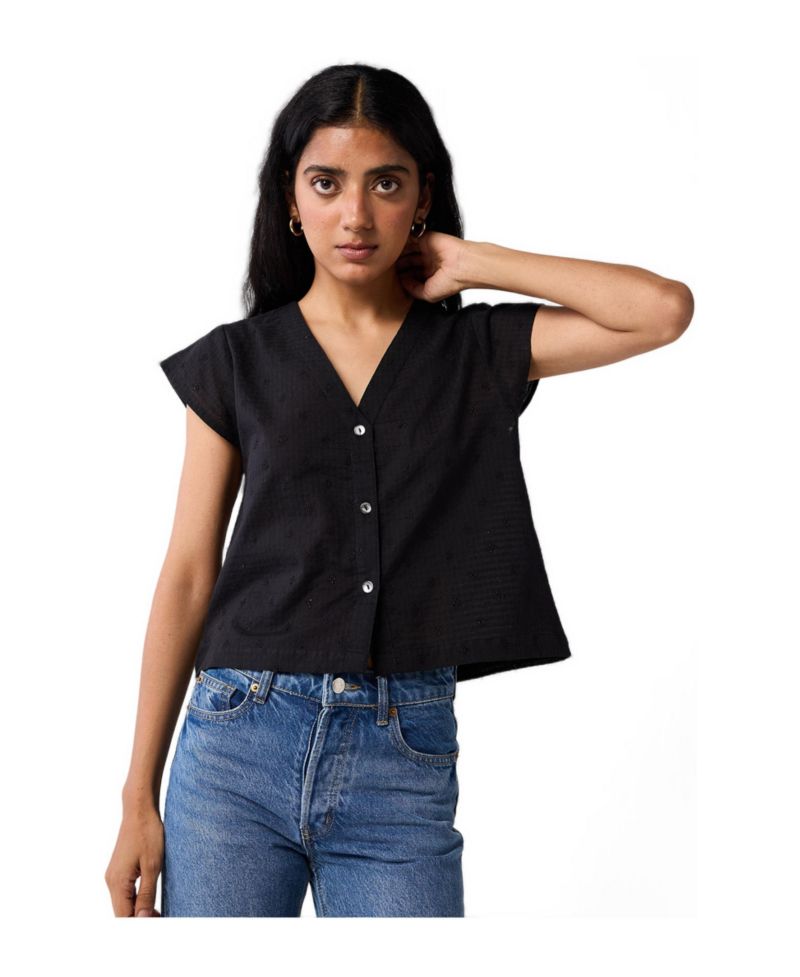 Women's V-Neck Embroidered Top with Front Buttons