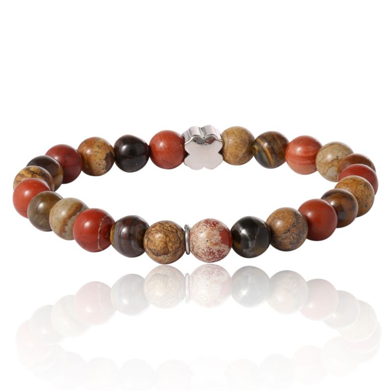 Red Jasper Mens Bracelet, Stretch Beaded Bracelet for Men with Clover Logo and Jasper Beads