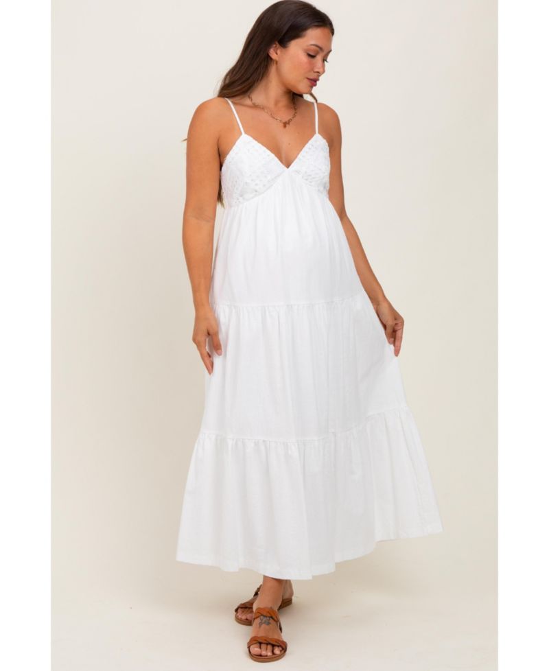 Women's White Crochet Flare Smocked Maxi Dress