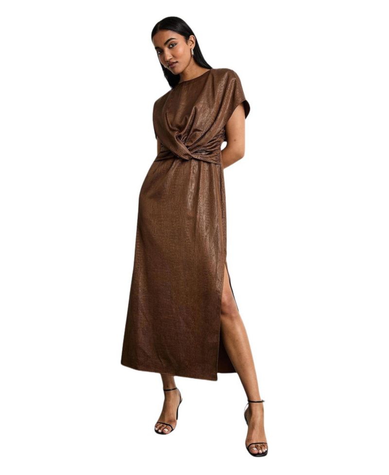 Women's Leather Look Twist Front Midi Dress