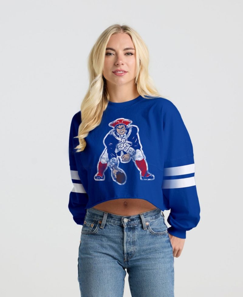 Women's Royal New England Patriots Oversized Cropped Stripe Long Sleeve T-Shirt