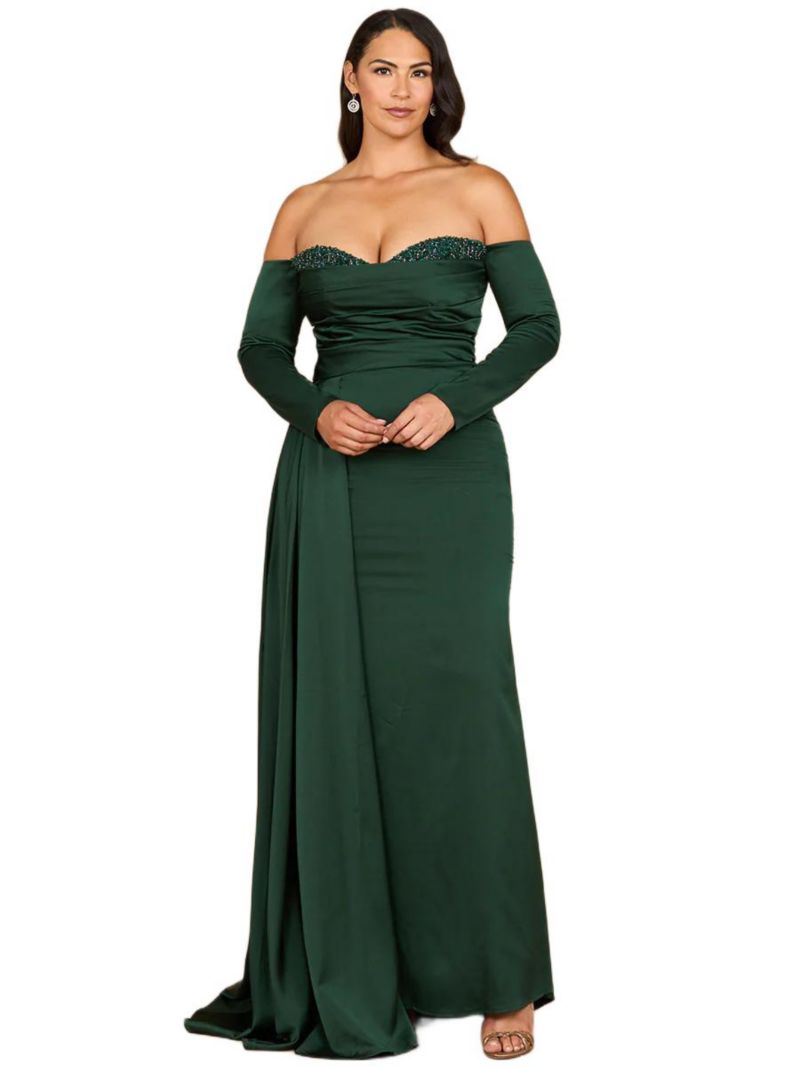 Women's Off Shoulder Satin Dress with Beaded Details