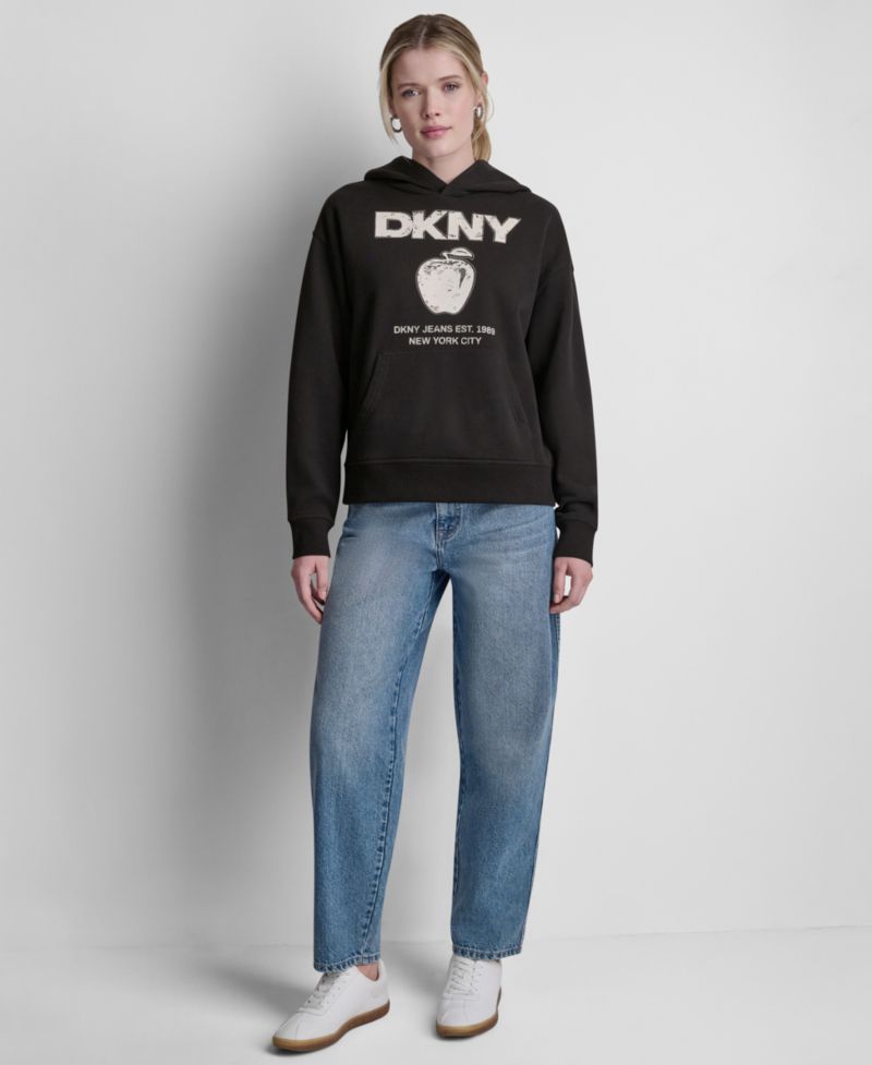 Женская толстовка с капюшоном с логотипом DKNY Big Apple Big Apple с длинным рукавом и стразами, украшенная флокированным рисунком