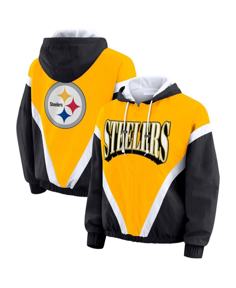 Women's Gold/Black Pittsburgh Steelers Retro Crinkle Full-Zip Hoodie Windbreaker