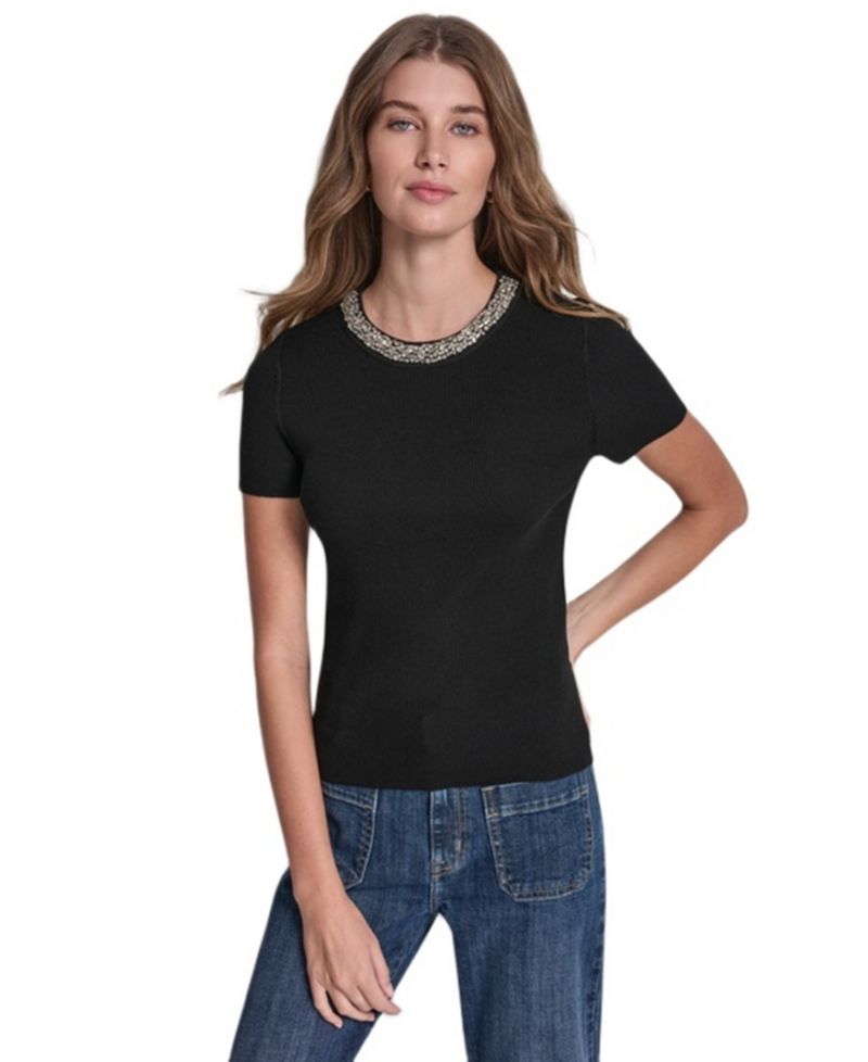 Petite Embellished Ribbed-Knit Short-Sleeve Crewneck Sweater