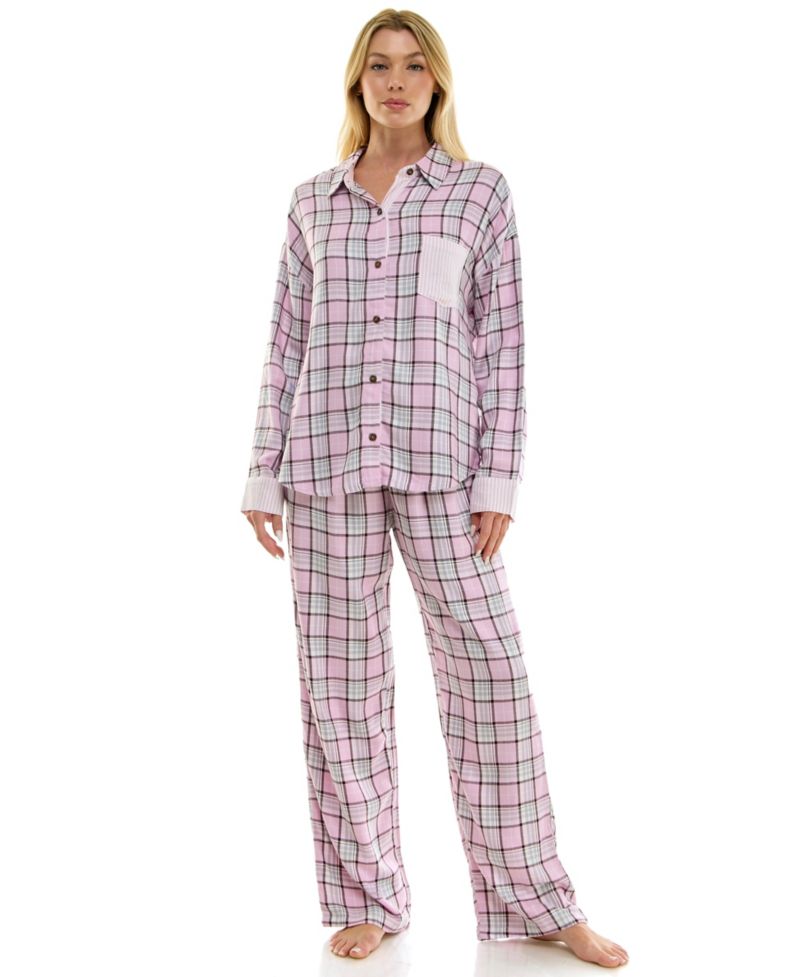Women's Flannel Collared Long-Sleeve Shirt and Pant Pajama Set