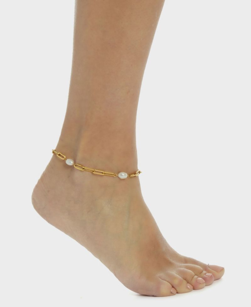 Tarnish-Resistant Gold Natural Freshwater Pearl Chunky Paperclip Aviv Anklet