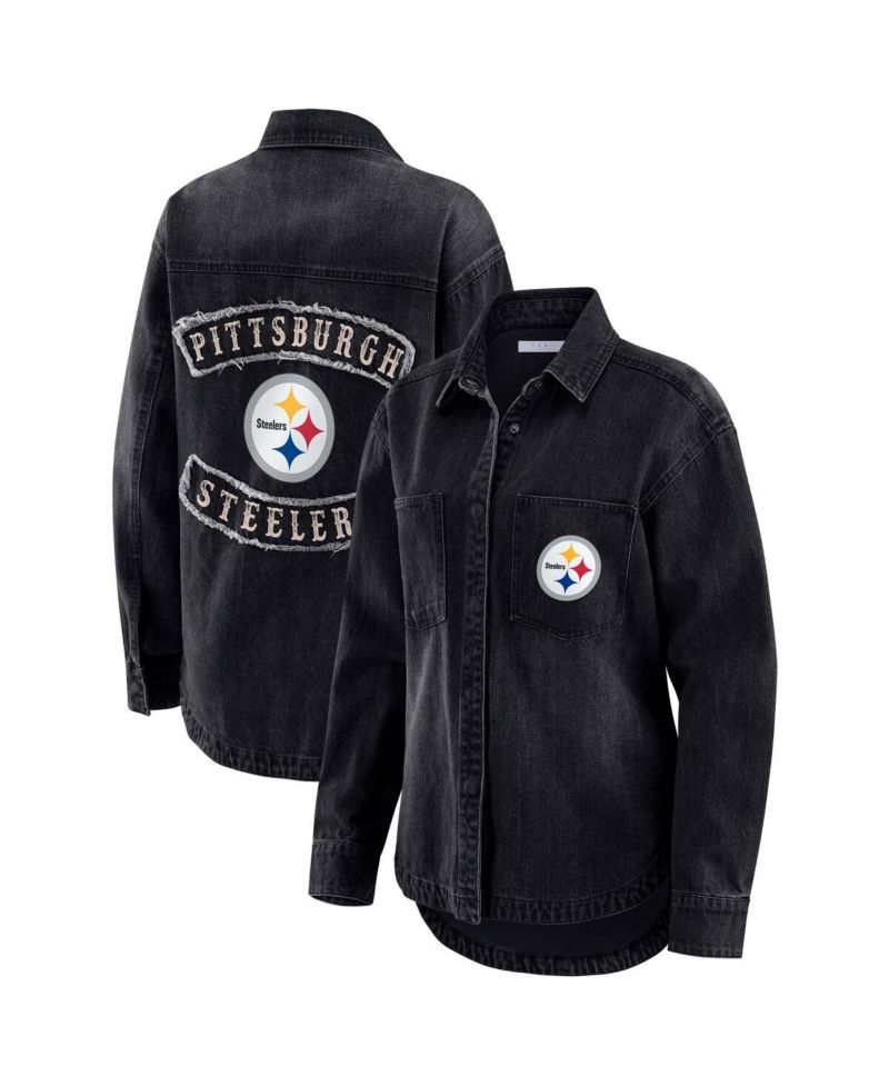 Women's Black Pittsburgh Steelers Washed Oversized Denim Full-Snap Shacket