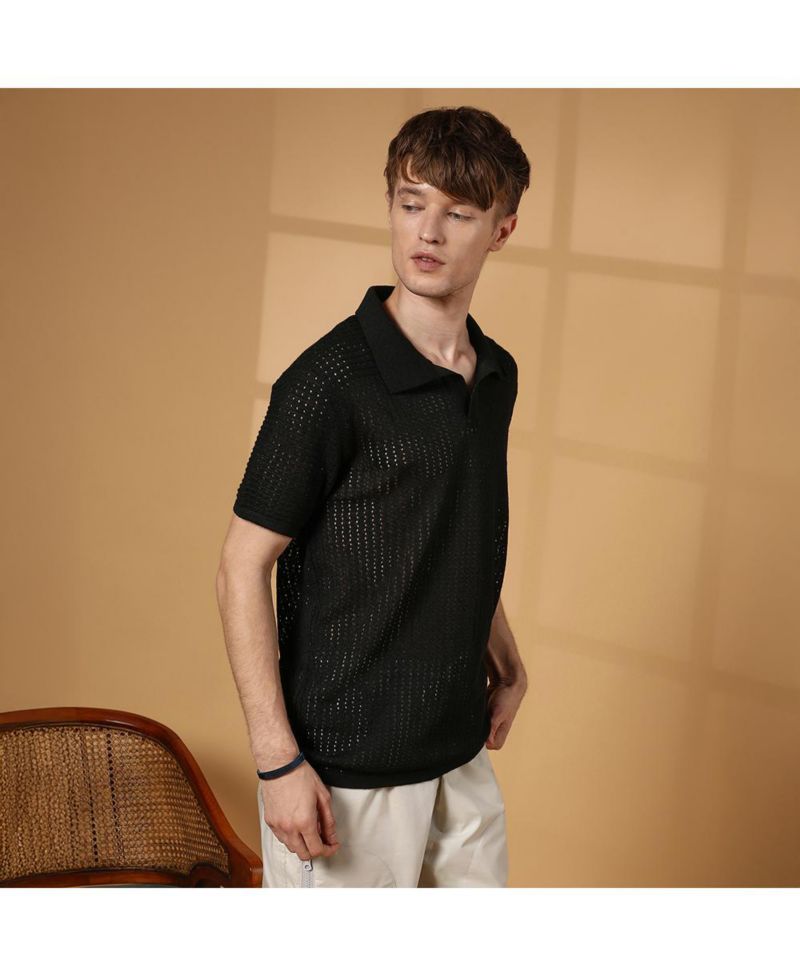 Men's Raven Black Textured-Knit Polo T-Shirt