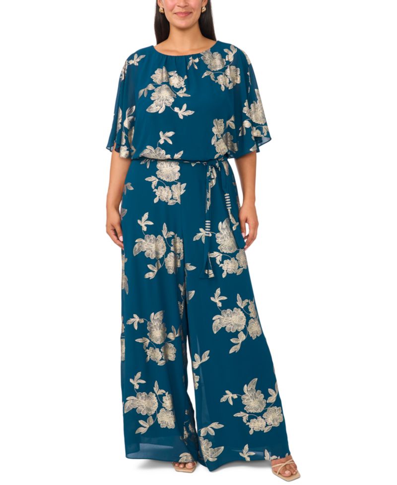 Plus Size Floral-Print Wide-Leg Blouson Jumpsuit with Belt