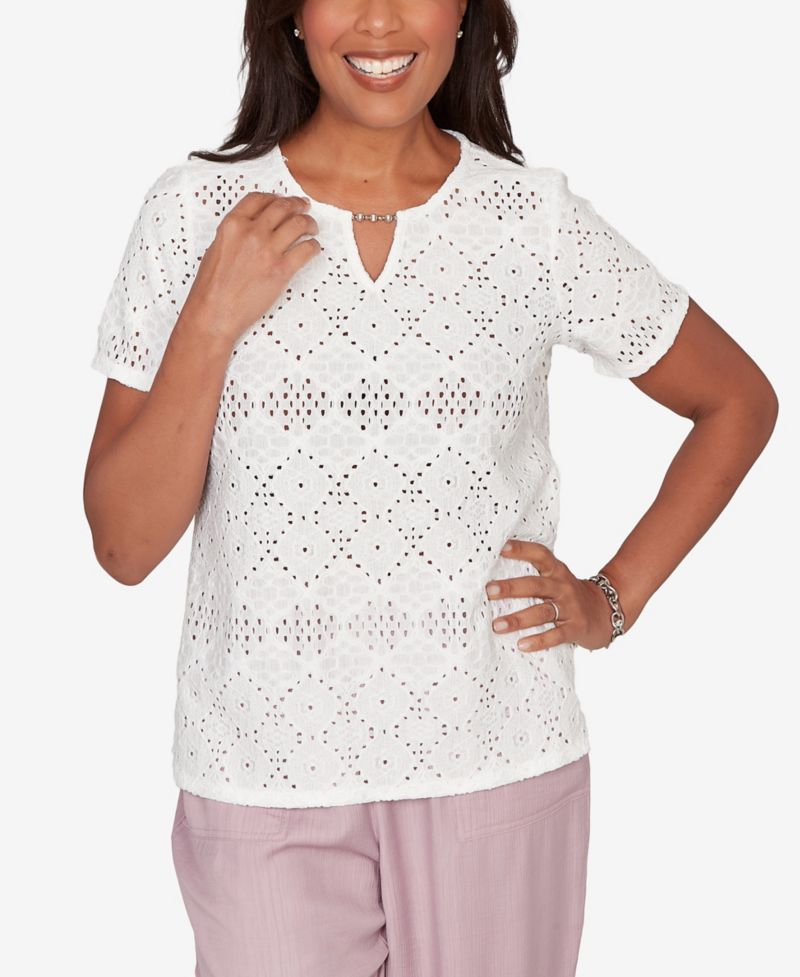 Petite Vintage Charm Solid Eyelet Split Beaded Neck T-Shirt