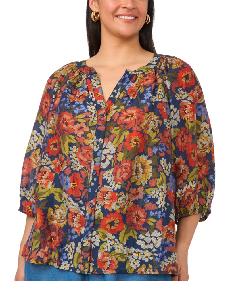 Plus Size Raglan Sleeve V-Neck 3/4-Sleeve Blouse