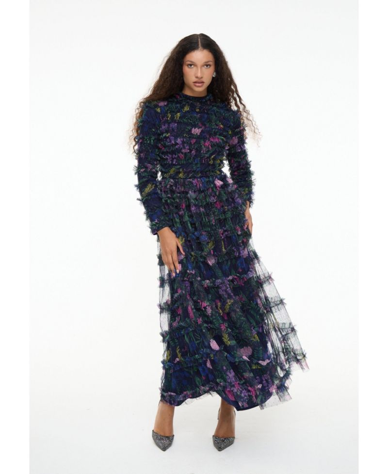 Women's Modest Floral Ruffle High Neck Maxi Dress