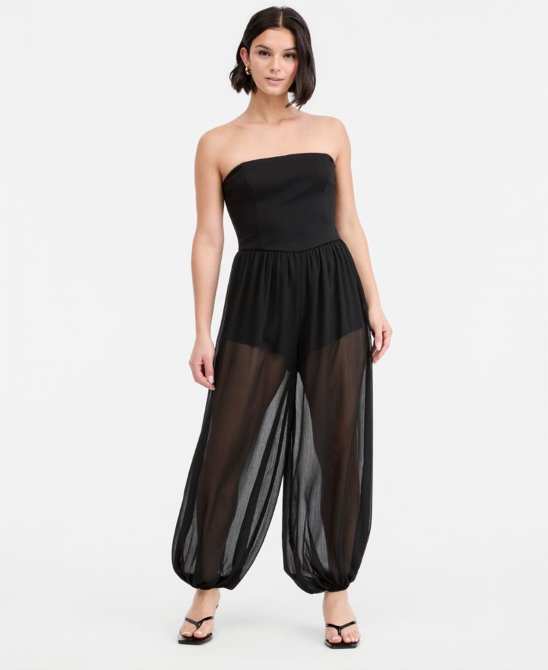 Women's Mixed-Media Strapless Bubble Jumpsuit