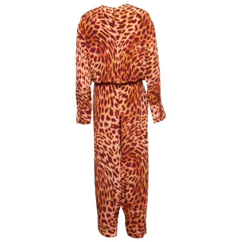 Women's Brown Leopard Print Silk Tie-Up Jumpsuit